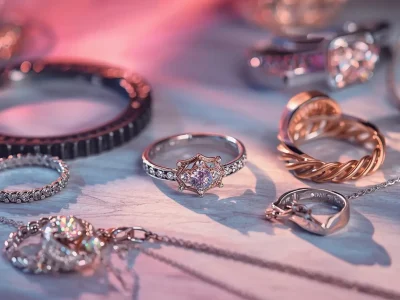 “Attractive trending stainless steel jewelry collection with rings, bracelets, and necklaces arranged beautifully on a neutral background, vibrant lighting, watermark ‘viona pk’, image size 178×100 pixels.”