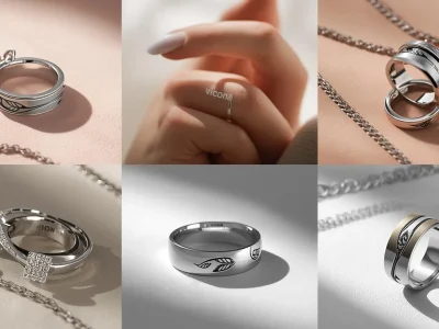 “Collage of trending stainless steel jewelry popular in 2026, including rings and chains, soft elegant lighting, watermark ‘viona pk’, 178×100 px.”