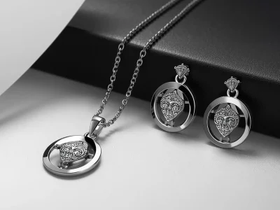 “Elegant stainless steel necklace and earrings set, trendy fashion product shot, high contrast lighting, watermark ‘viona pk’, 178×100 resolution.” (1)