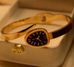 Elegant Stainless Steel "Watch-Face" Bangle – Gold & Black - Image 2