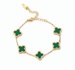 Elegant 18K Gold Plated Stainless Steel Green Malachite-Style Clover Bracelet - Image 4