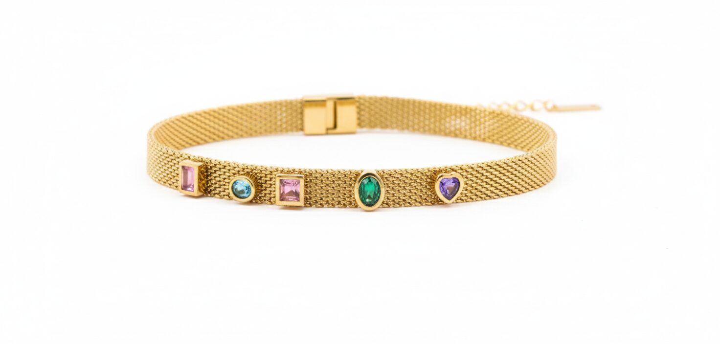 1770794143121 Multi-Gemstone Gold Mesh Bracelet in Durable Stainless Steel - Image 1