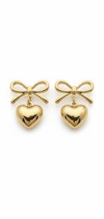 Stainless Steel Bow & Puffy Heart Drop Earrings - Image 2