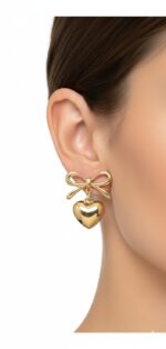Stainless Steel Bow & Puffy Heart Drop Earrings - Image 3