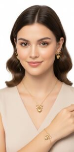 Golden Bow & Radiant Heart Stainless Steel Jewelry Set - Image 2