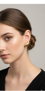 18K Gold Plated Ridged Croissant Stud Earrings - Image 3