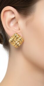 Gold Geometric Woven Square Studs - Image 3