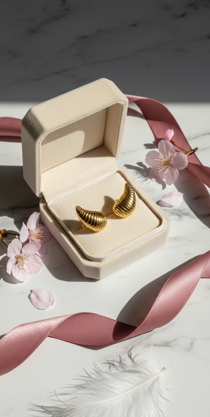 1772028510439 18K Gold Plated Ridged Croissant Stud Earrings - Image 1