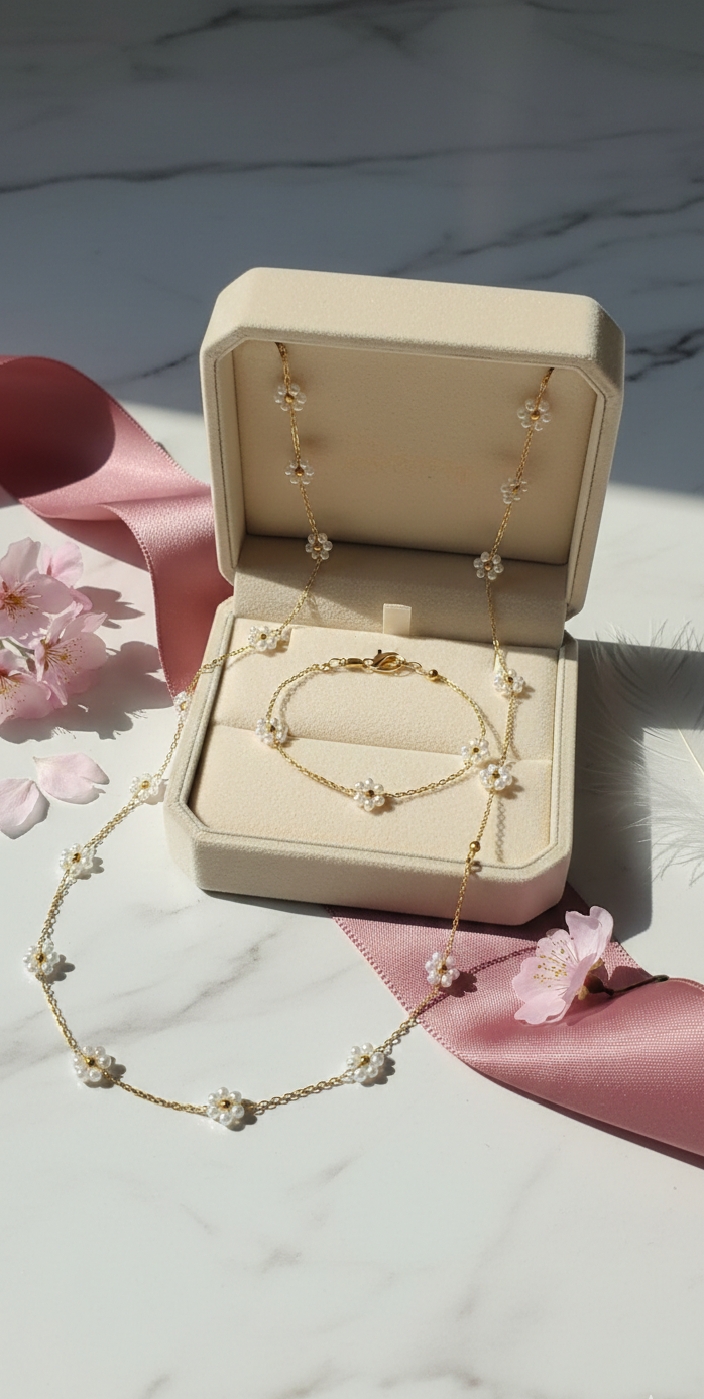 1772033498685 Pearl Daisy Floral Necklace & Bracelet Set - Image 1