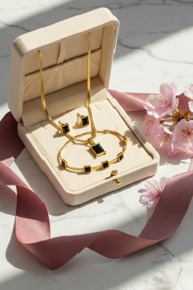 1772206258543 Herringbone Chain & Obsidian-Style Pendant Set - Image 1