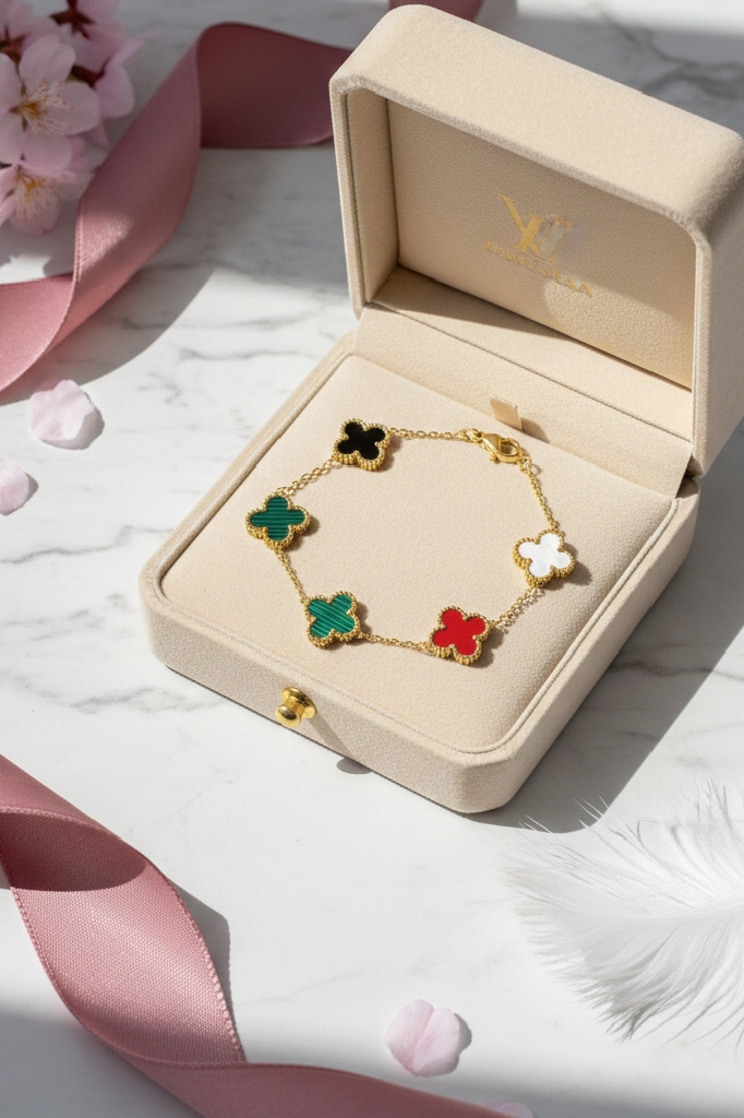 1772469215832 Multi-Color Clover Leaf Station Bracelet in Gold-Tone Stainless Steel - Image 1