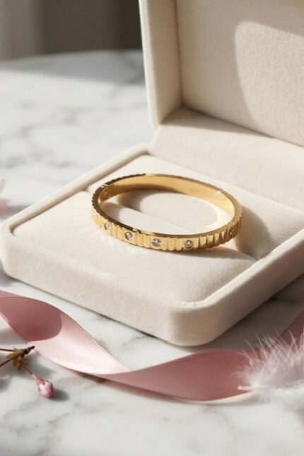 Gold Fluted Crystal Accent Bangle